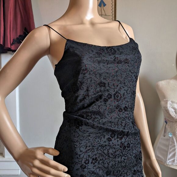 Vintage 90s Byer Too Black Midi Dress Cocktail Floral Glitter Whimsygoth Size M - Picture 5 of 16